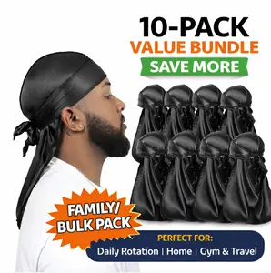 10-Pack Satin Durag for Men, Silky Wave Caps Bulk Set, Long Tail, Lightweight for Waves, Sleeping & Everyday Wear