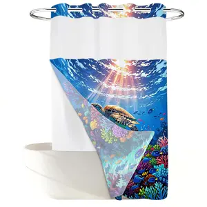 1PC 2D Flat Healing Colorful Coral Sea Turtle Shower Curtain, Deep Sea Sunlight Tropical Fish Design, Kids Bathroom Curtain (No Hooks)