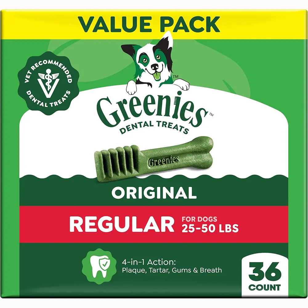 Greenies Regular Dental Dog Treats, Original Chicken Flavor, 36 Count Vet-recommended, cleaner teeth after 28 days, cleans to gumline, for dogs 25-50 lbs, original chicken flavor