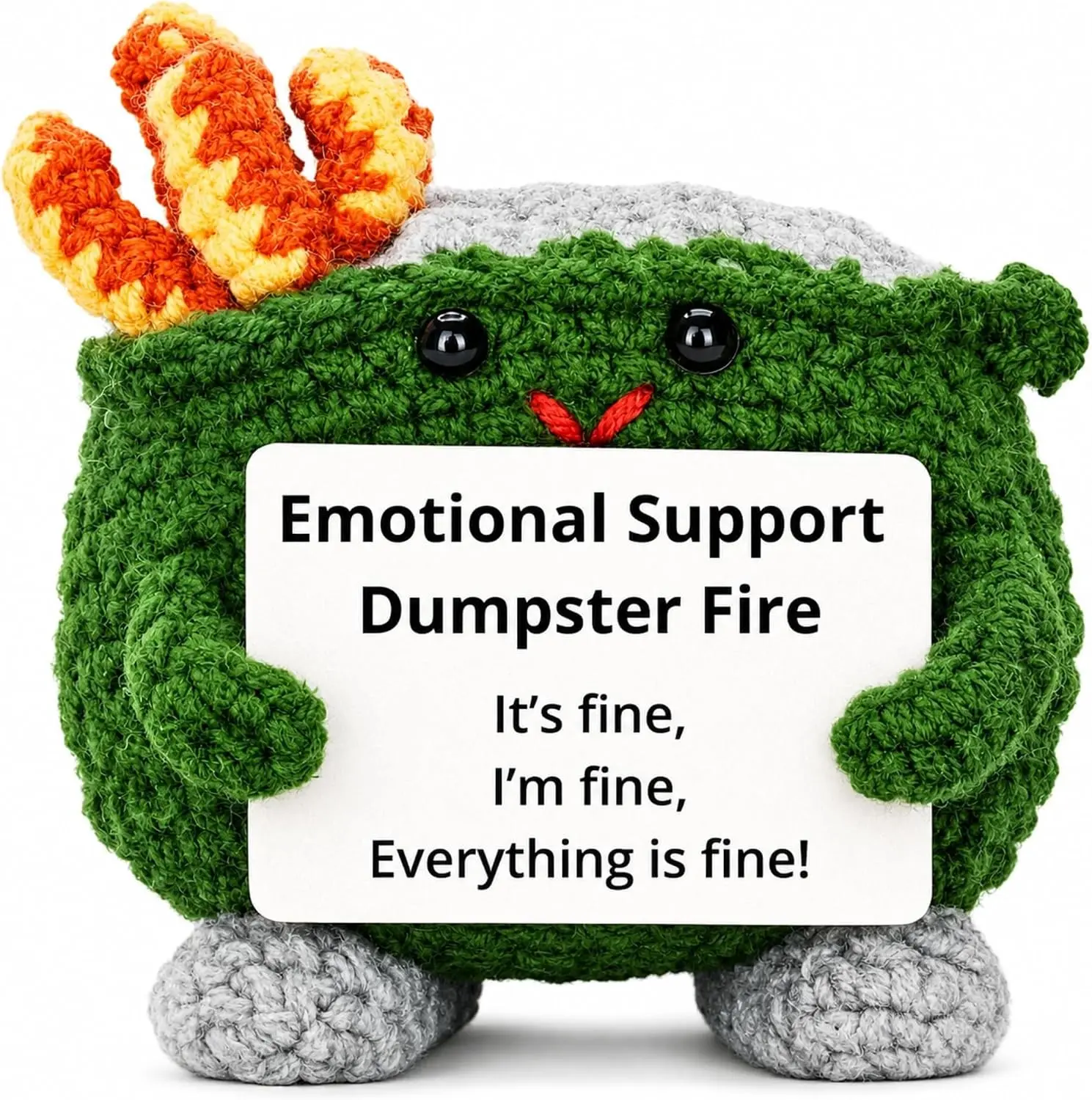 Emotional Support Dumpster Fire Crochet Plush, Funny Stress Relief Desk Gift for Coworkers, Manager, Counselor, Teacher, Therapist, Office Decor, Everything is Fine Gag Gift
