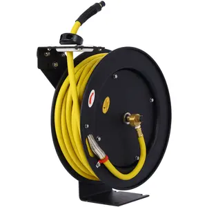 Hardware Air Hose Reel Retractable 3/8" Inch x 50' Foot SBR Rubber Hose Max 300PSI Heavy Duty Industrial Steel Single Arm Construction