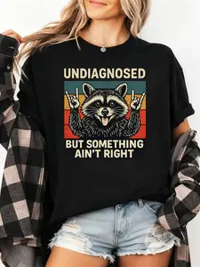 Lady's Fun Squirrel Pattern T-shirt - "Not Diagnosed But Feeling Off" Retro design, featuring a squirrel and a peace gesture, moisture-wicking and sweat-absorbing comfortable Fit casual sportswear, humorous quote T-shirt
