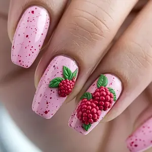 Summer Raspberry Fruit False Nails 24pcs, Square Shape, Glossy Finish, Sweet Fashion Removable Nail Art Stickers, Easy Daily Party Travel Vacation Wearable