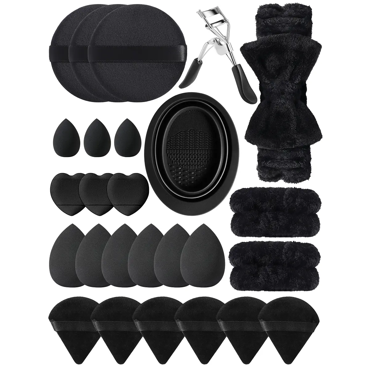 27Pcs Black Makeup tool Set,Reusable Large Clean Pads,Multi-Shape Beauty eggs,Finger Triangle Powder Puffs,Silicone Brush Cleaner Bowl,Eyelash Curler,Bow Fleece Headband & Hair Wrist Bands Complete Skincare Makeup Tool Kit for Beginners, Fluffy, Cosmetic,