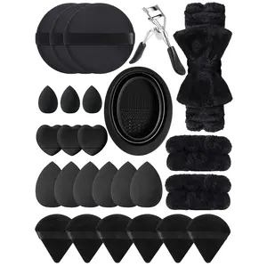 27Pcs Black Makeup tool Set,Reusable Large Clean Pads,Multi-Shape Beauty eggs,Finger Triangle Powder Puffs,Silicone Brush Cleaner Bowl,Eyelash Curler,Bow Fleece Headband & Hair Wrist Bands Complete Skincare Makeup Tool Kit for Beginners, Fluffy, Cosmetic,
