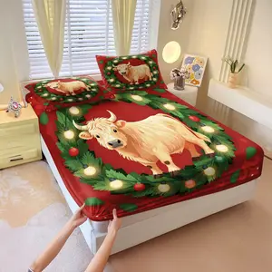 3 Pcs Cozy Highland Cow Fitted Sheet Set, Non-Slip All-Inclusive, Ultra-Soft Skin-Friendly, HD Art Print, Aesthetic Bedding for Bedroom, Perfect Gift