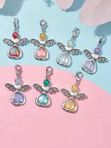 7pcs Angel Charm Set - Acrylic Heart Pendants in 7 Colors with Alloy Findings & Swivel Lobster Clasps, Mixed Color, Charming Heart Shape, Heart Shaped Pendant