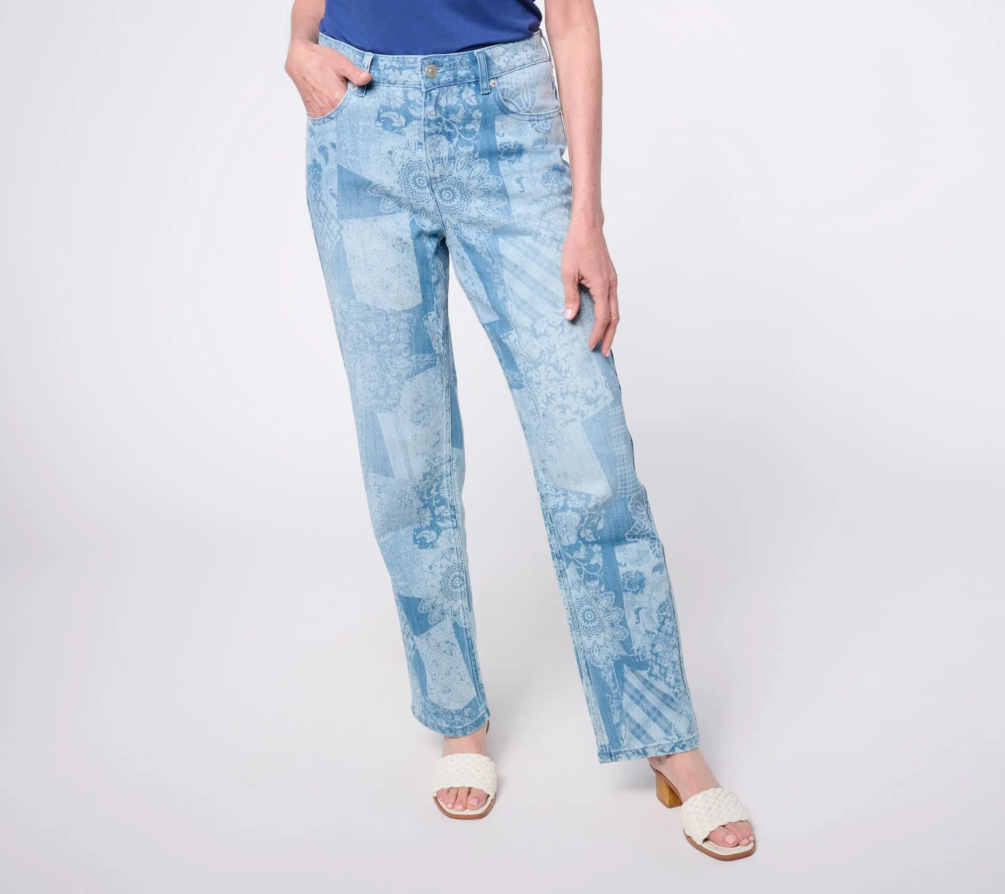 LOGO by Lori Goldstein Petite Indigo Straight Leg Printed Jeans