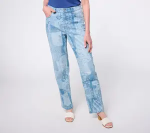 LOGO by Lori Goldstein Petite Indigo Straight Leg Printed Jeans