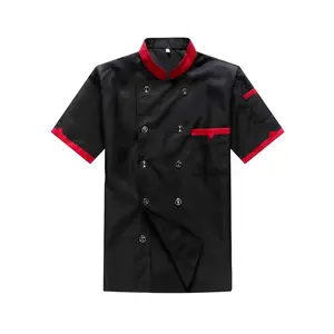 Men's Chef Workwear Short Sleeve - Classic Black with Red & White Contrast Trim, Stand-Up Collar, Button Front, Machine Washable Non-Stretch Fabric for Professional Kitchen & Catering Cooking, Culinary Attire |   Snapbutton Design