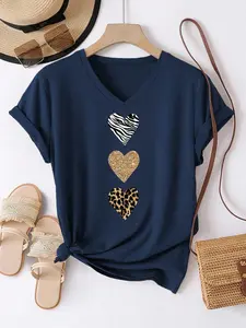 Heart Pattern Leopard V Neck T-Shirt, Women's Casual Short Sleeve Top, Soft Stretch Fabric, Breathable Comfort, Spring Summer Fall Daily Wear