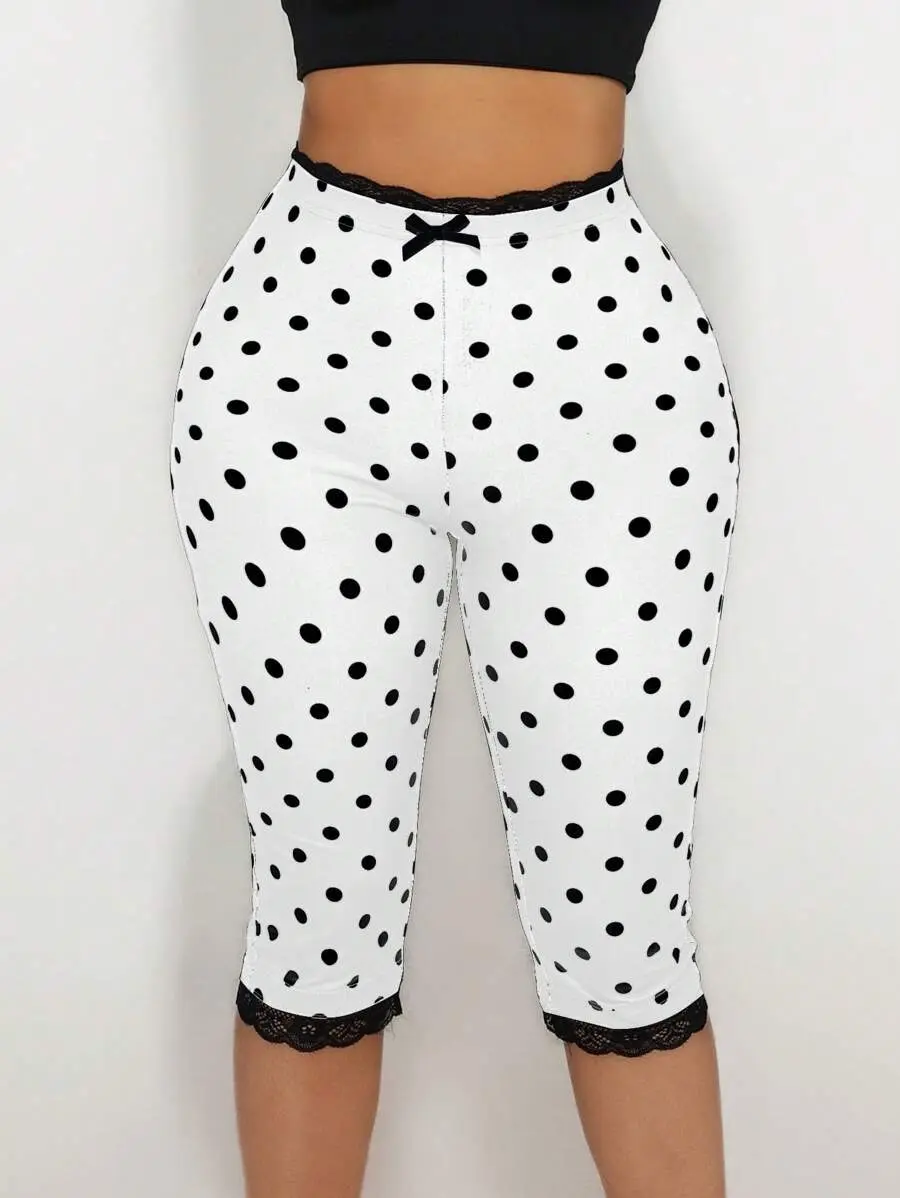 Swim SXY Women's Lace Trim Bow Polka Dot Print Bermuda Leggings