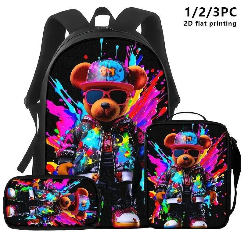 Graffiti-Style Cartoon Bear Print Backpack Set – 1/2/3-Piece Set (Backpack, Lunch Bag, Storage Pouch); Waterproof and Colorful – Suitable for Students and Travel Activities