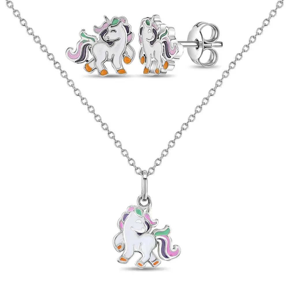 Fancy Galloping Unicorn Kids / Children's / Girls Jewelry Set - Sterling Silver