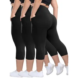 Plus Size Plain Pocket High Waist Capris Leggings, High Stretch Leggings, Casual Comfy Breathable Skinny Capri Pants for Daily Wear, Women's Plus Bottoms for Summer, Workout Clothes