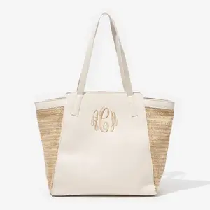 Personalized Monogrammed Seaside Tote - Faux Leather & Paper Straw - Casual Basic Design