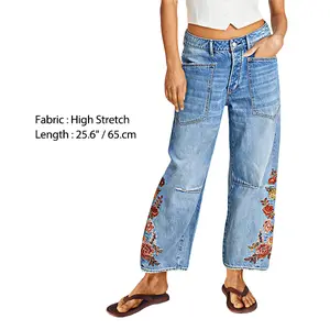 Flamingals Embroidery Side Stitch Detail Mid Waist Barrel Leg Crop Jeans Women's Fashion
