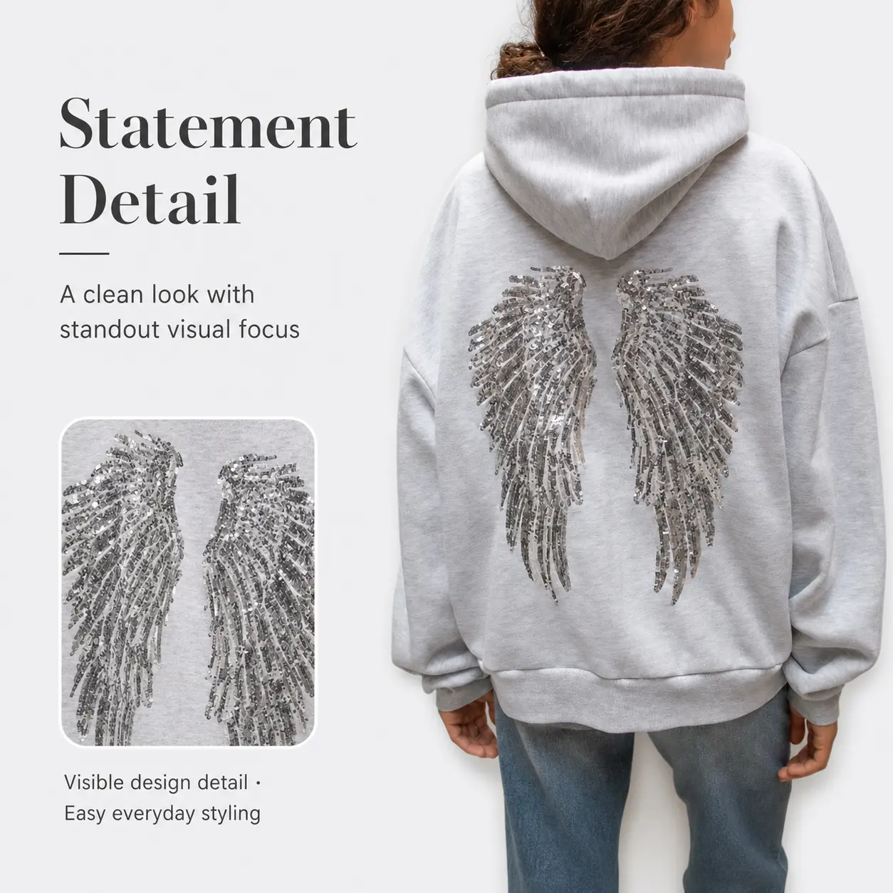 Women Plus Size Hoodie, Rhinestone Angel Wings Print Long Sleeve Pullover Hooded Sweatshirt Casual Loose Tops