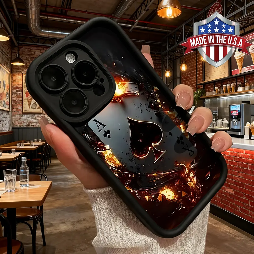 Cool Ace Spade Poker Card Fire Aesthetic Case for iPhone 17 16 15 14 Pro Max 13 12 11 XR XS Plus Air Slim Shockproof Anti Drop Protective Anti Scratch Soft TPU Cover