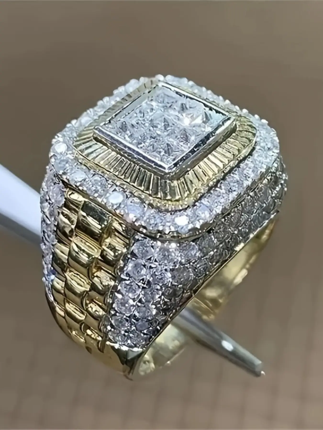 Gold Diamond Square Statement Jewelry Ring Ultimate Hip-Hop Baddie Vibe Chef’s Kiss for Dates Parties Festivals & Everyday. Perfect Gift for Boyfriends & Bros - Ideal Birthday Gift for Him.