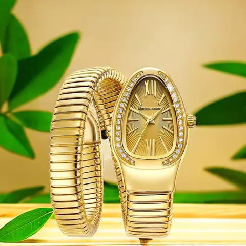 Women's Modern Snake Cuff Bracelet Design Quartz Stainless Steel Watch, Rhinestone Decor Exquisite Trendy Analog Wristwatch, Rhinestone Decorated Fashionable Gold Watches for Women As Gift, Accessories, Jewellery