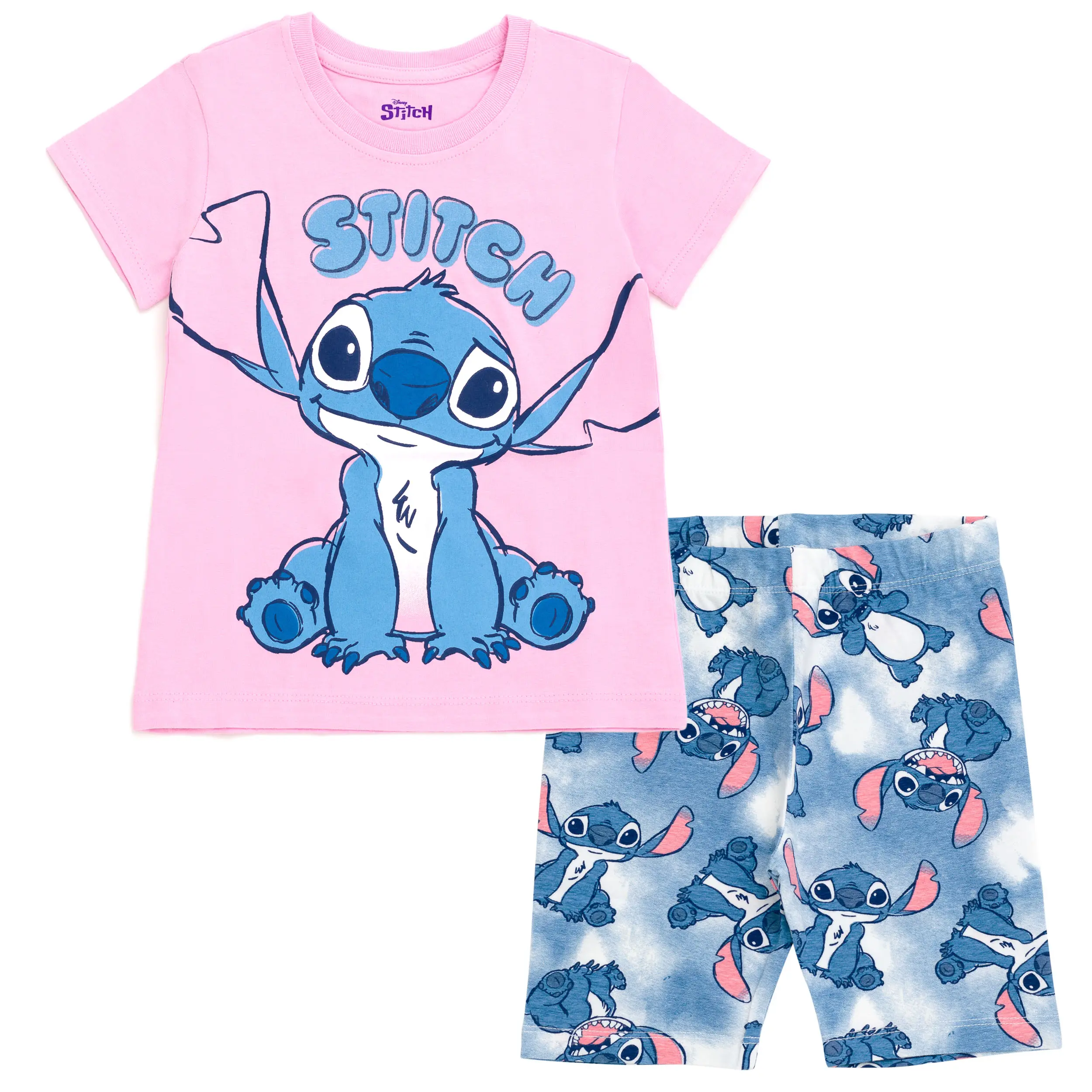 Disney Lilo & Stitch Girls' 2-Piece Cotton Glitter Graphic T-Shirt & Tie-Dye Bike Shorts Set, Pink Blue, Kids Clothing Girls (4-5 Years to 4 to 20 Years)