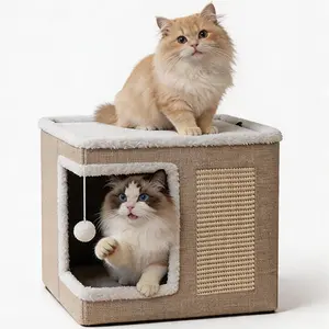 Cat Houses for Indoor Cats - Large Cat Bed Cave with Scratch Pad and Fluffy Ball, Foldable Cat Condo Hideaway with Reversible Cushion, All Seasons Use, for Multiple Small Pets, Dark Ivory Apartment, Easter