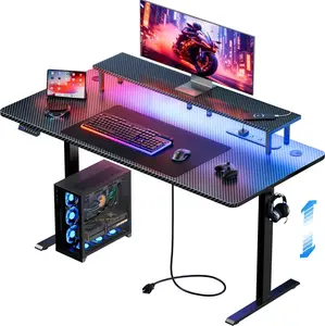 Ecofurnix 63 Inch Height Adjustable Gaming Table Electric Standing Desk with LED Lights Sit Stand Computer Workstation Power Outlet Monitor Stand for Home Bedroom Kitchen Island Black