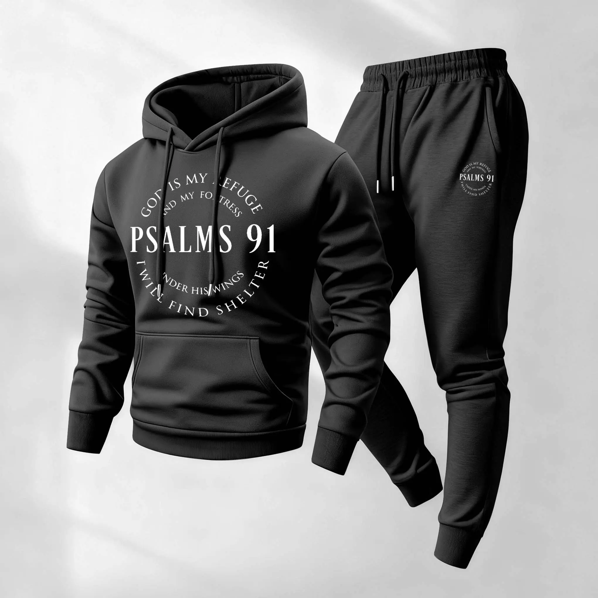 Men's Psalms 91 Print Hoodie and Drawstring Sweatpants Set, Menswear, Casual Athletic Long Sleeve Hooded Jacket & Trousers for Fall & Winter, Men's Clothing for Daily Wear, Sportswear Indoor Outdoor, Tracksuit, Athleisure