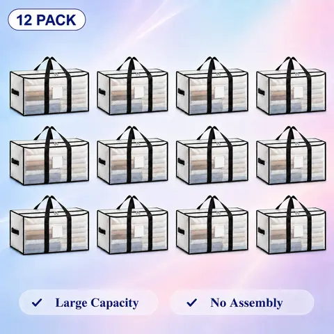 Collapsible Plastic Large Storage Bags - Synthetic Polyethylene Thick Fabric Resists Wear and Rips, Reinforced Shoulder Handles, Center Dual Zippers, Built-in Label Pocket, Rectangular Heavy-Duty Home Organizer for Daily College Dorm Use