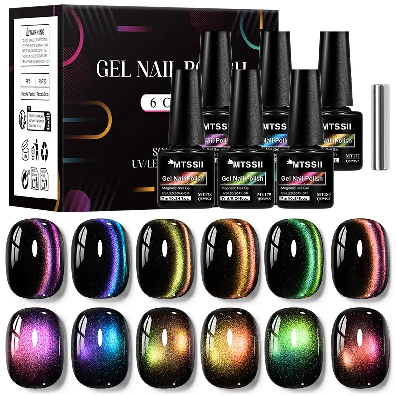 MTSSII 7pcs Rainbow Magnetic Nail Gel Polish Set, Double Light Starry Galaxy Effect Cat Eye Nail Gel, Glitter Colorful Long Lasting Soak Off UV/LED Nail Art Gel Varnish, Ideal Gift for Women and Girls, Crazy Nail Art, Indie Nail Polish, Manicure