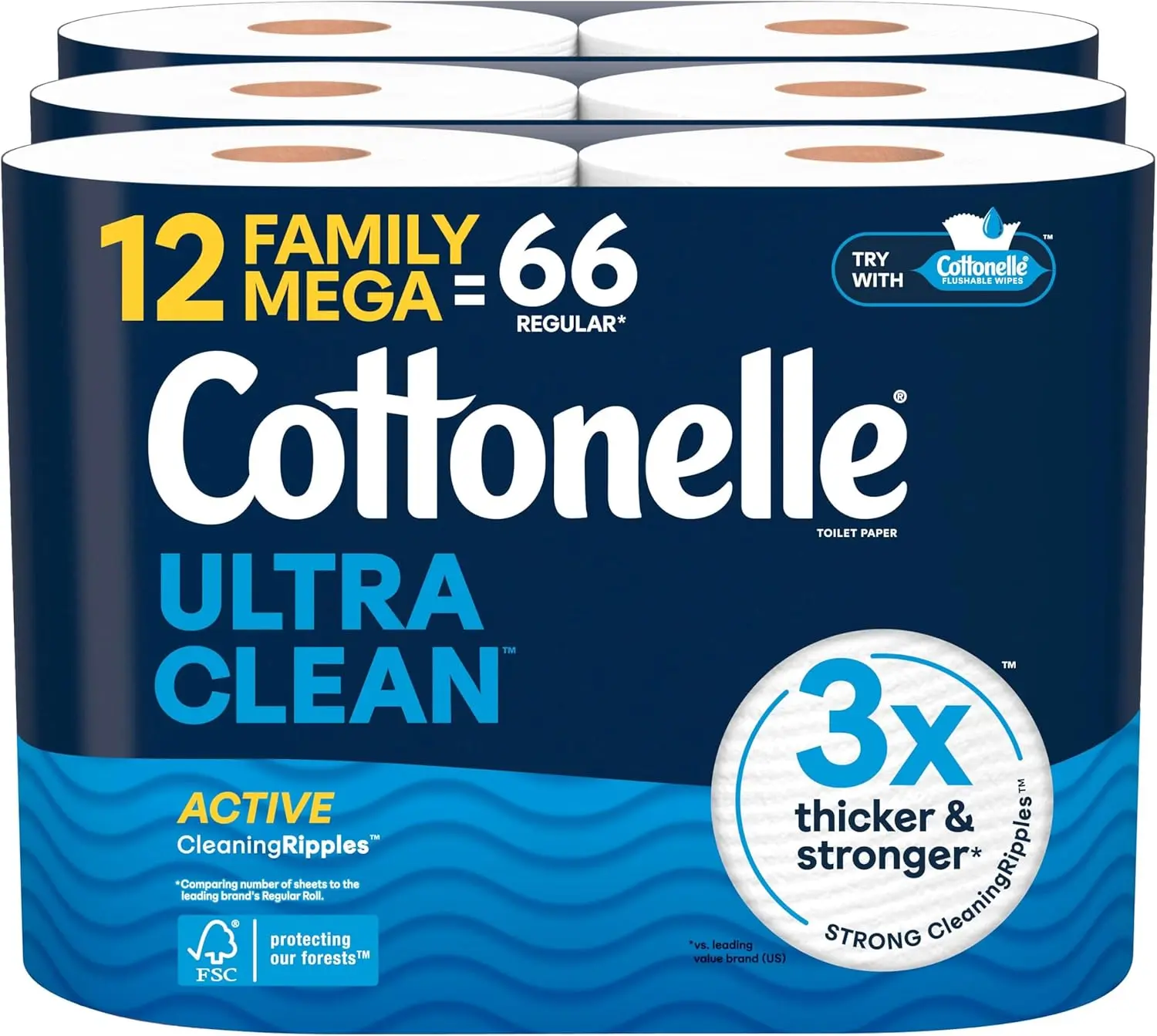 Cottonelle Ultra Clean Toilet Paper, Active CleaningRipples Texture, Strong Home Care Bath Tissue, 12 Family Mega Rolls = 66 Regular Rolls