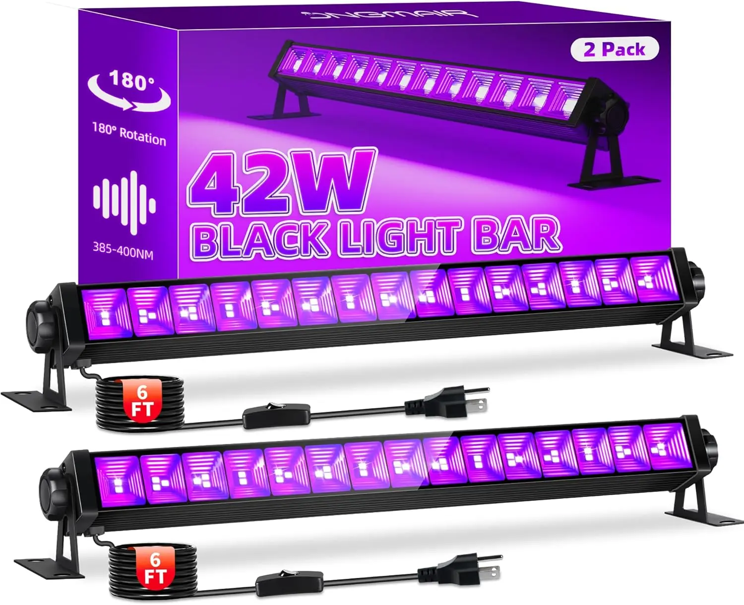 42W Black Light Bar for Glow Party, Blacklights with 6ft Cord, Plug, and Switch for Glow Party, Stage Lighting, Neon Party, Halloween Decorations, 2 Pack