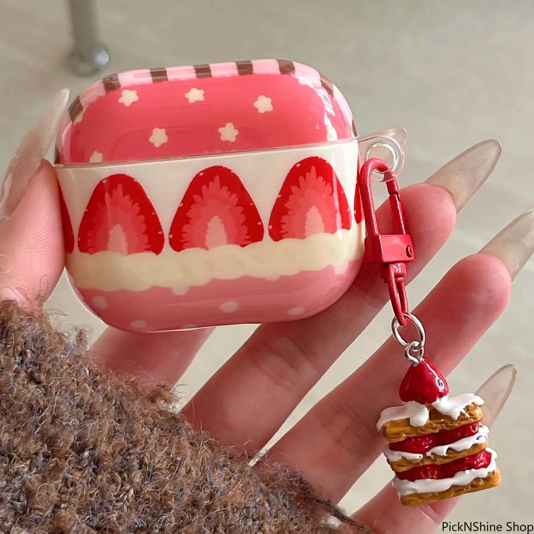 Stylish Earphone Case with Strawberry Star Pattern, Soft Synthetic, Shockproof & Scratch-Resistant with Matching Pendant, Accessories, Charm, With Pendant