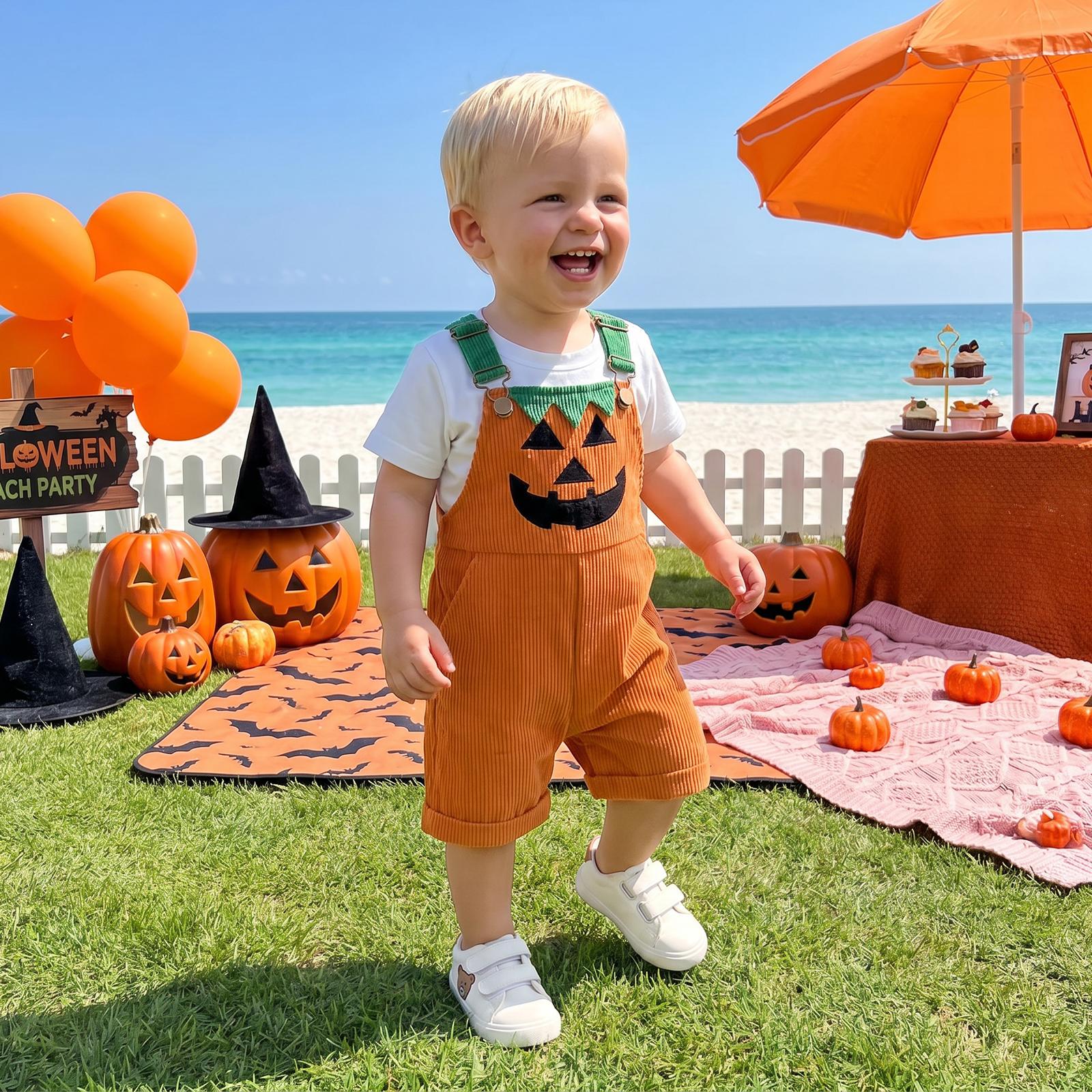 Toddler Corduroy Overalls with Suspenders, Pockets, 2 Ghost/Pumpkin Motifs - Soft Thick Wale, Boy Jumpsuit for Family Gathering, Kindergarten Party Costume