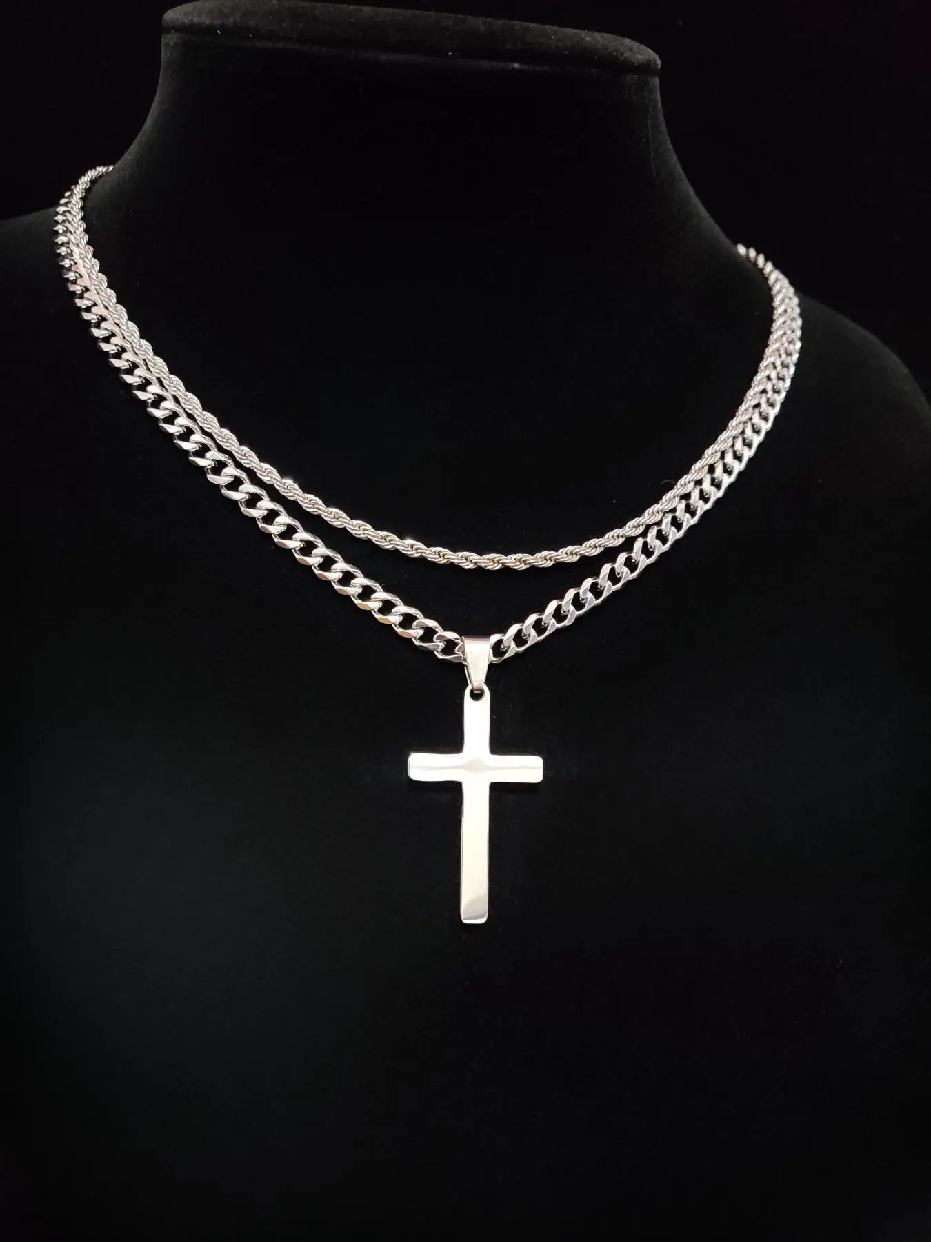 Cross Pendant & Cuban Chain Necklace Set for Men & Women, Stainless Steel Jewelry for Party, Daily Clothing Decor, Trendy All-match & Exquisite Jewelr