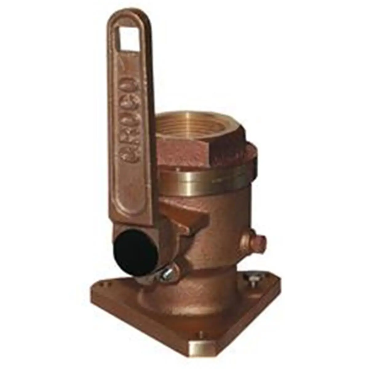 Groco Women's Heel Drain Plug - 0.75 in Bronze Body Seacock with Flanged Full Flow, Stem, Ratcheted Grip, Square Mount Hole Pattern, Grease Zerk, PTFE Seals, Serviceable Stainless Steel Ball, C84400 Bronze Build, Tri-Flange Base, UL Listed 647B
