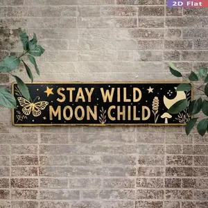 2D Flat, 1pc "Stay Wild Moon Child" Metal Wall Art - Rustic Farmhouse Decor with Moon, Stars, Butterfly - Vintage Boho Sign in Golden on Dark Background - Large Vintage Metal Poster for Living Room, Bedroom, Dorm - Easy Hang with Pre-Drilled Holes