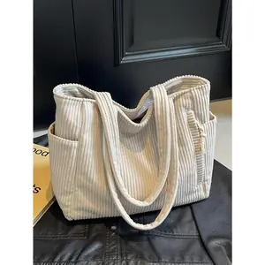Women's Solid Color Corduroy Tote Bag, Large Capacity Casual Shoulder Bag for Daily Commute & Shopping