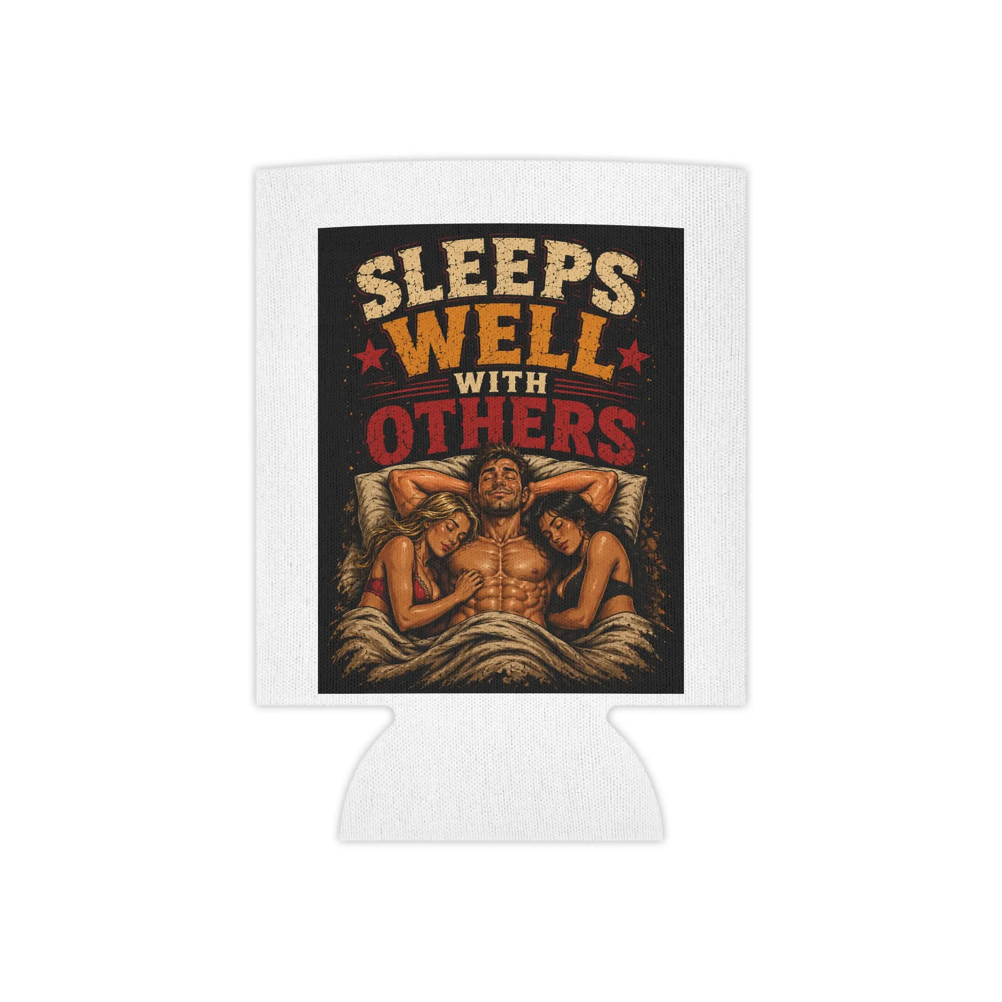 Sleeps Well With Others Can Cooler | Retro Muscle Man Bed Illustration
