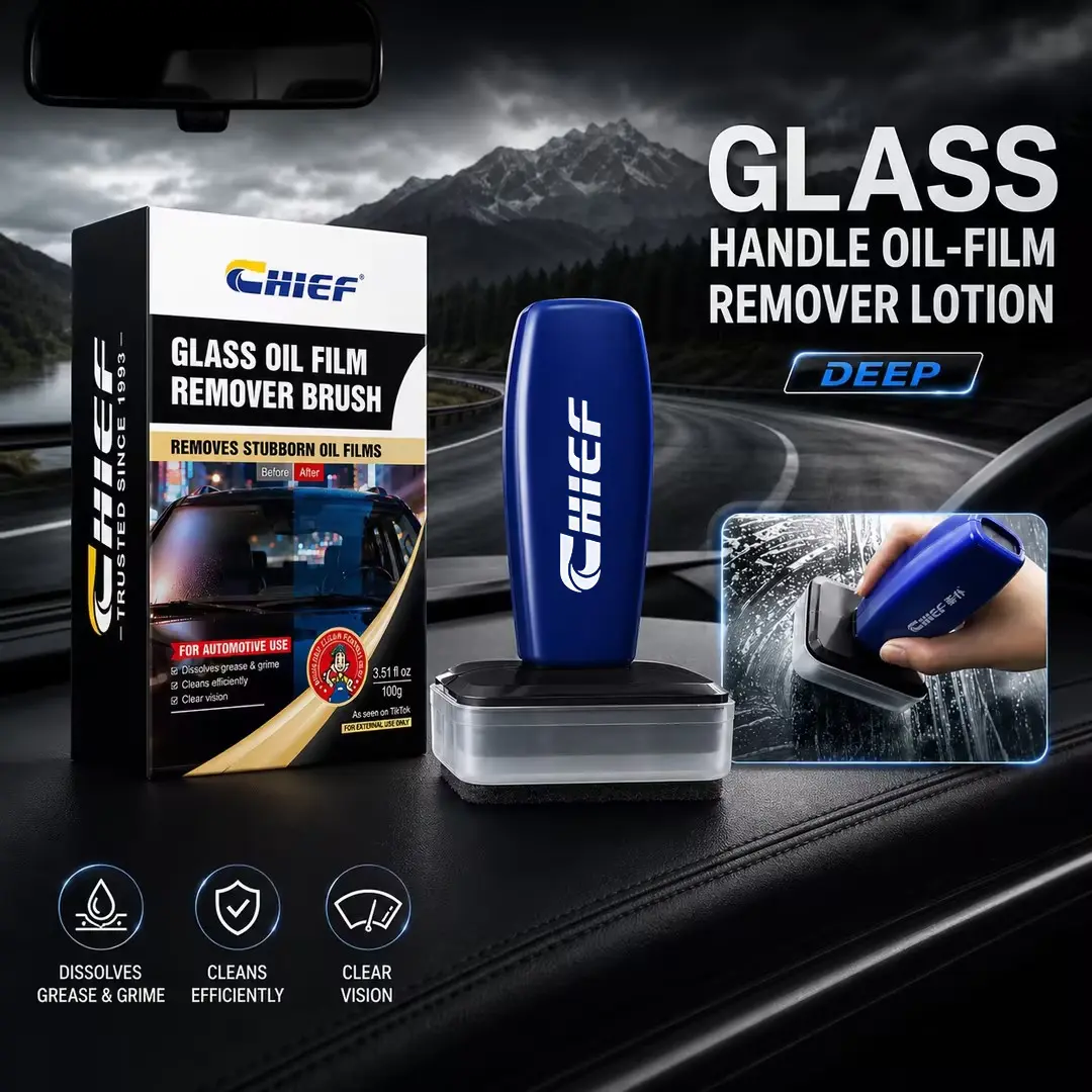 CHIEF Glass Oil Film Remover Brush, Professional Auto Windshield Cleaner, Eliminates Road Grime, Bug Residue & Hard Water Spots, Anti-Glare Improves Wet Night Visibility, Universal for Car Window & Rearview Mirror, Tint Safe No Scratch