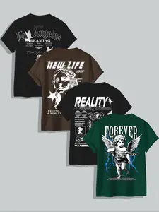 Casual Street Style Fitted T-Shirts Set, Summer Fashion Large Print Tees, Trendy Iron-On Design, Four-Piece for Men & Women, Menswear Streetwear Knit