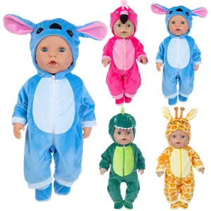 DEARBEI Adorable Animal-Themed Doll Jumpsuits for Kids - Blue Stitch, Pink Flamingo, Blue Elephant, Green Dinosaur, and Yellow Giraffe Designs