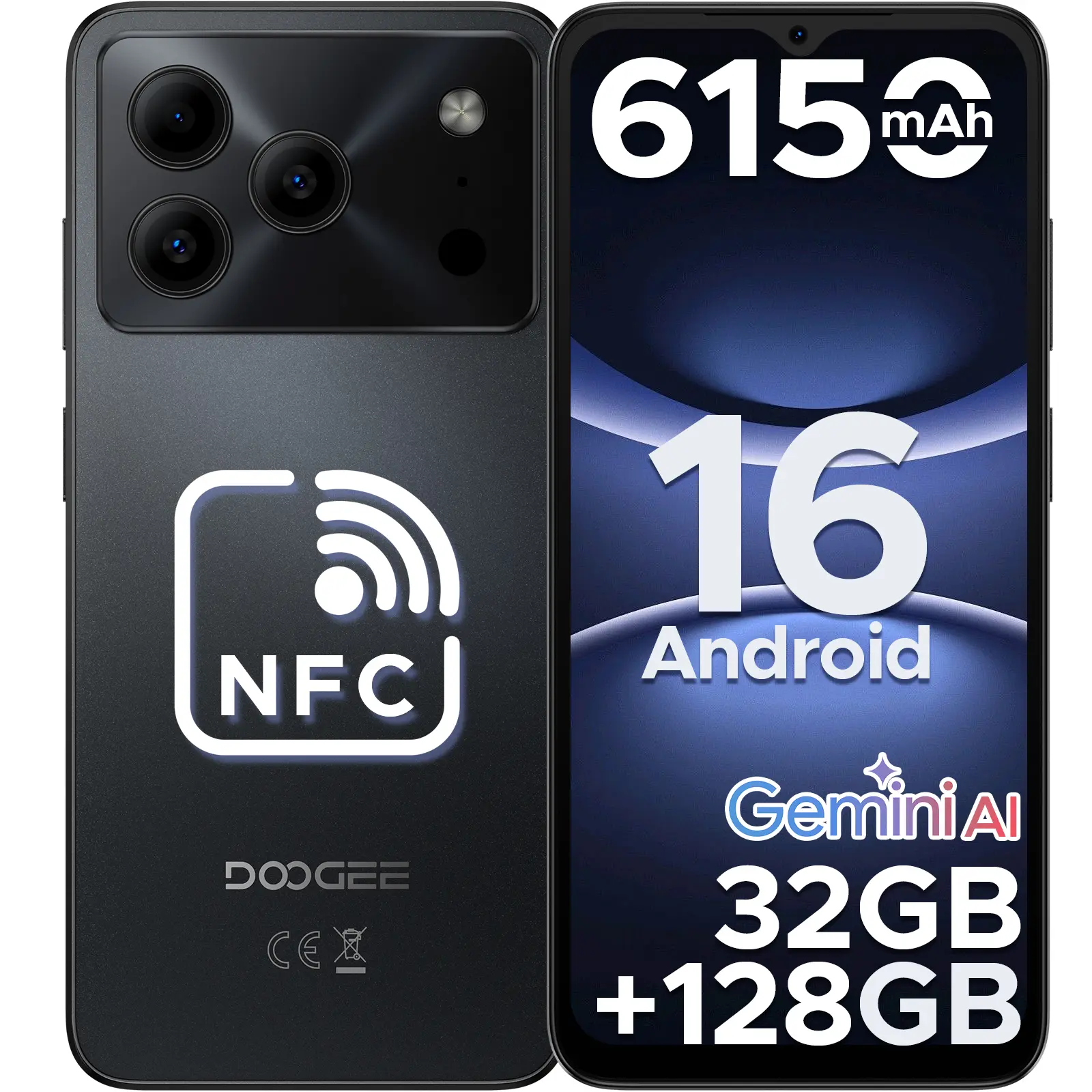 DOOGEE Note 56 Pro Unlocked Android 16 Smartphone, Gemini AI, 32GB+128GB/2TB Mobile Phone, 6150mAh Battery, 6.56''HD+90Hz IPS Display, Octa Core Dual SIM, Dual Camera, 8.45mm Ultra-Slim, NFC, OTG, Face ID, Bluetooth, Streaming & Navigation Support