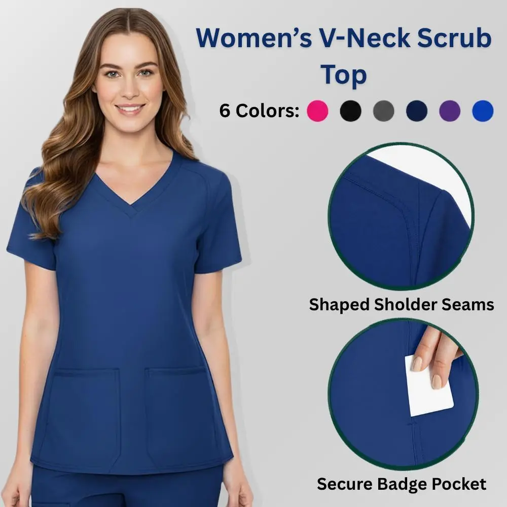 HEEDFIT Women’s 4-Pocket Scrub Top – V-Neck Stretch Medical Uniform Shirt, Soft & Durable