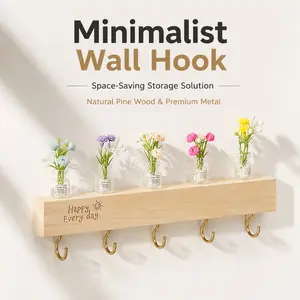 Cute Plant Keychain Holder (Wall-Mounted).No-Drill Solid Wood Key Holder for Wall, Aesthetic Entryway Organizer with 5 Metal Hooks & Mini Flower Vase. Self-Adhesive Wall Mounted Rack, Renter-Friendly Home Decor for Entryway & Hallway