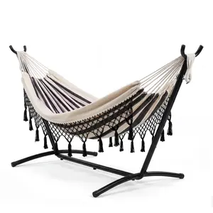 9-Foot Stand Included Double Hammock, 450 lbs Weight Capacity 2-Person Boho Hammock with Tassel Decor, Large Indoor Outdoor Relaxation Bed for Backyard, Patio, Garden and Beach living furniture use