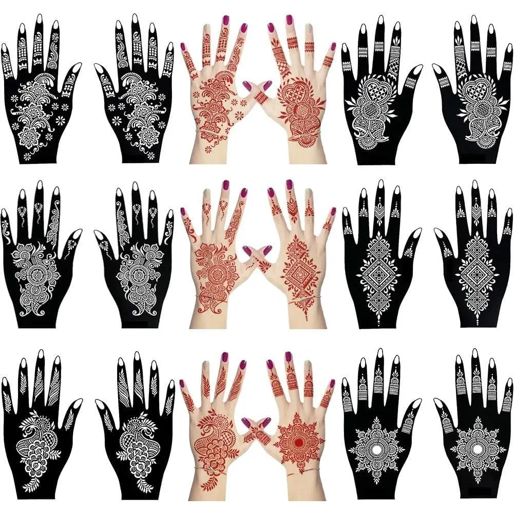 12 Sheets Henna Tattoo Stencil Kit for Hands, Indian Arabian Temporary Tattoo Template Self Adhesive Mehndi Stencil Stickers for Women Girls（8.2" x 4.7"）