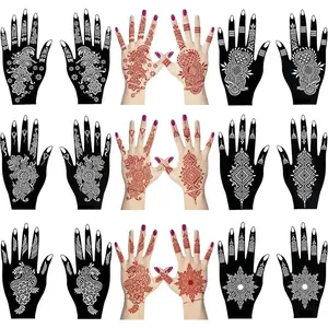 12 Sheets Henna Tattoo Stencil Kit for Hands, Indian Arabian Temporary Tattoo Template Self Adhesive Mehndi Stencil Stickers for Women Girls（8.2" x 4.7"）