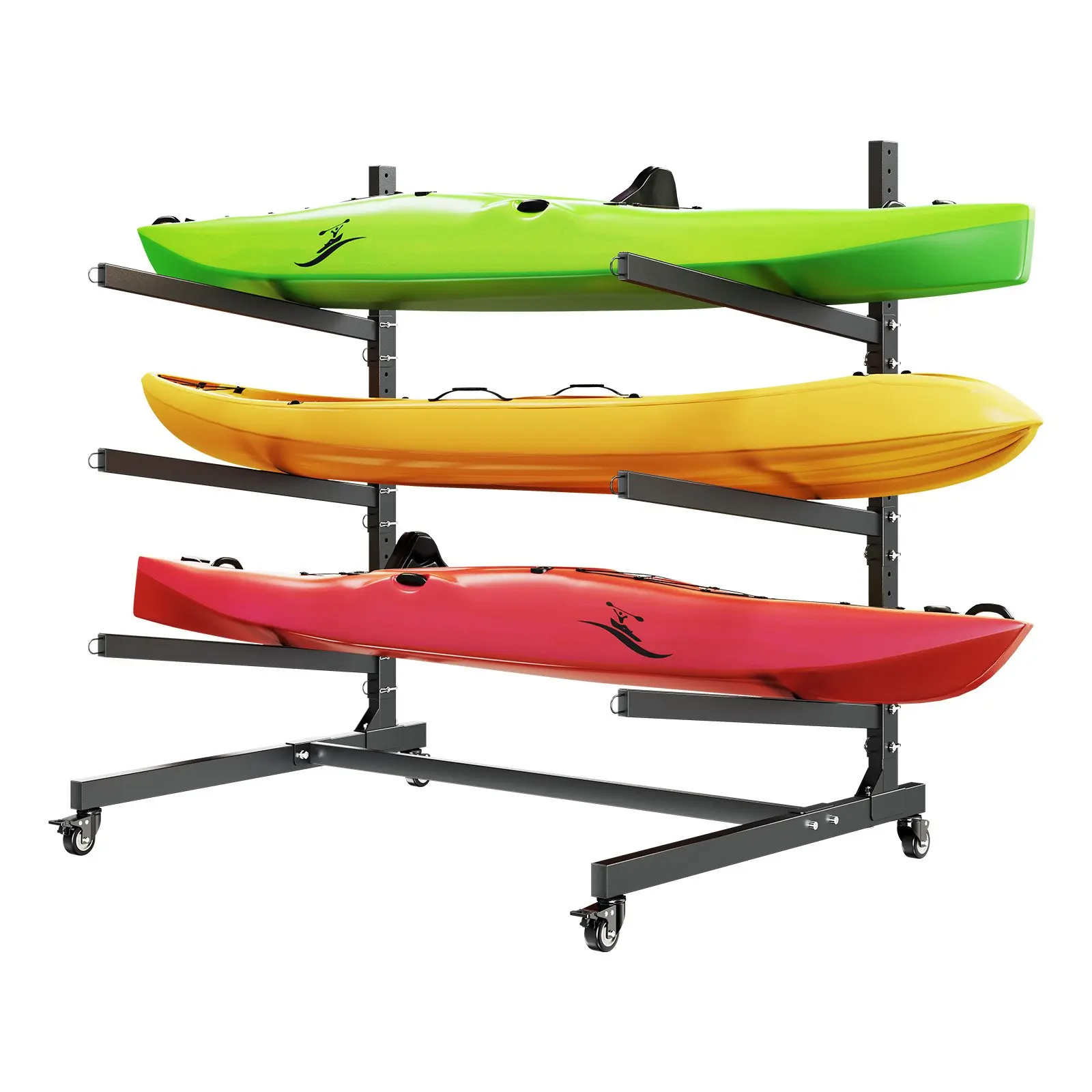 VEVOR 3-Kayak Storage Rack, 200 lbs Capacity Heavy-Duty Adjustable Freestanding Rolling Stand Trollies with Lockable Wheels, Garage & Indoor/Outdoor Use, Holds Canoe, SUP, Surfboard, Paddleboard